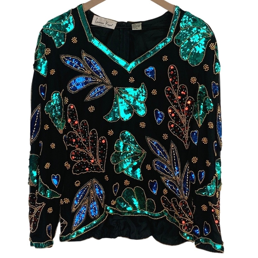 VTG Laurence Kazar 100% Silk Beaded Sequined Floral Evening Blouse Sz PM Black